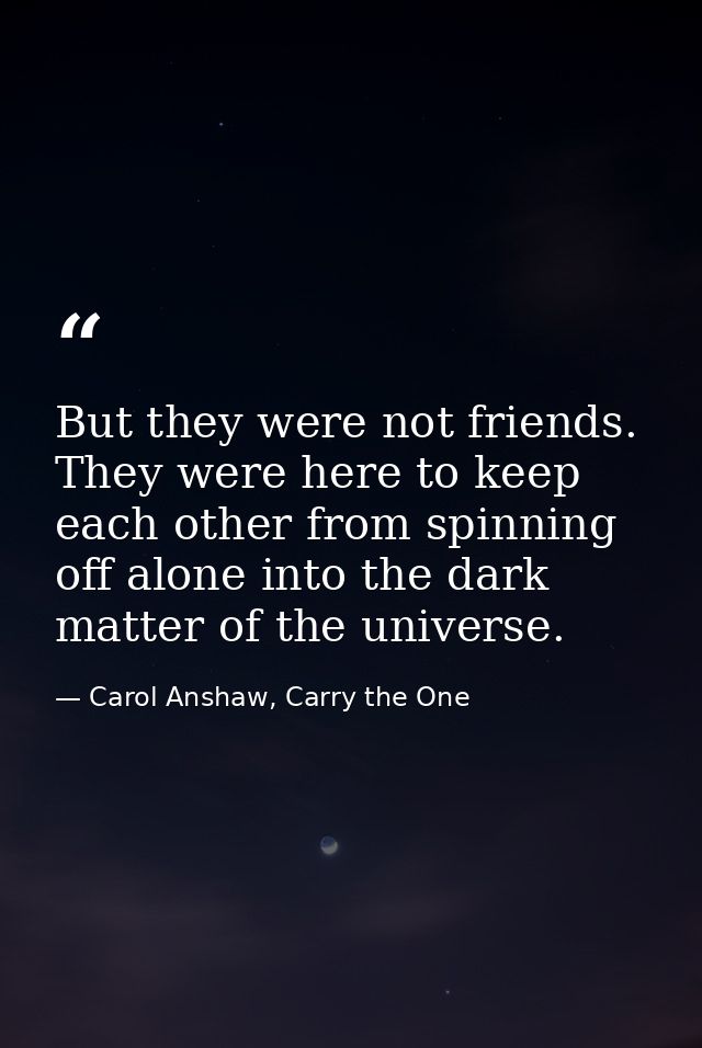 But they were not friends. They were here to keep each other from spinning off alone into the dark matter of the univers — Carol Anshaw, Carry the One