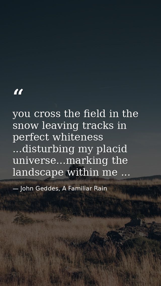 you cross the field in the snow leaving tracks in perfect whiteness ...disturbing my placid universe...marking the lands — John Geddes, A Familiar Rain