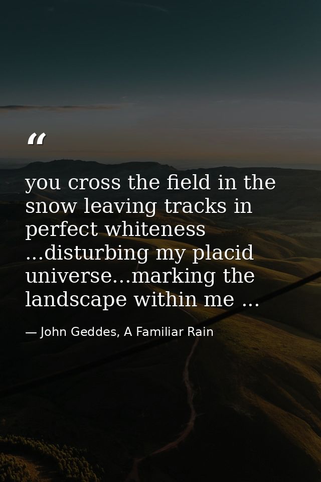 you cross the field in the snow leaving tracks in perfect whiteness ...disturbing my placid universe...marking the lands — John Geddes, A Familiar Rain