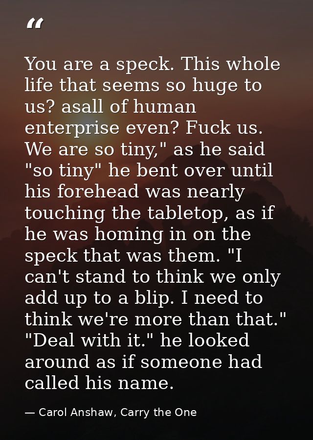 You are a speck. This whole life that seems so huge to us? asall of human enterprise even? Fuck us. We are so tiny," as  — Carol Anshaw, Carry the One