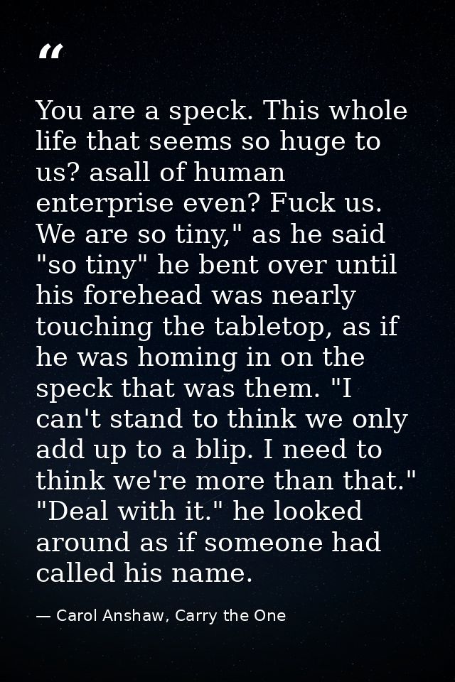 You are a speck. This whole life that seems so huge to us? asall of human enterprise even? Fuck us. We are so tiny," as  — Carol Anshaw, Carry the One