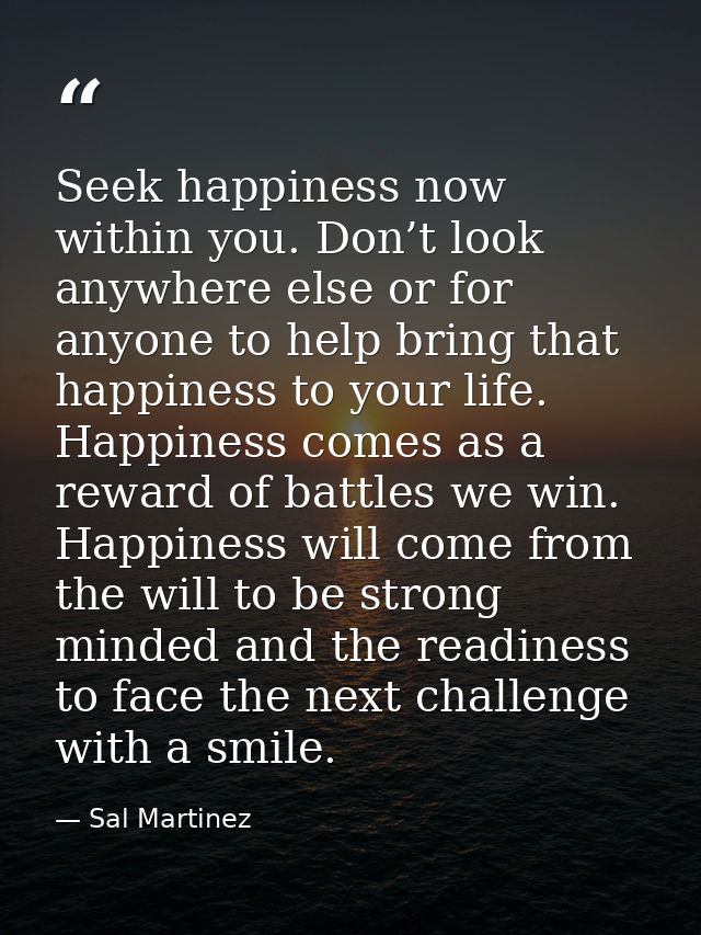 Seek happiness now within you. Don’t look anywhere else or for anyone to help bring that happiness to your life. Happine — Sal Martinez