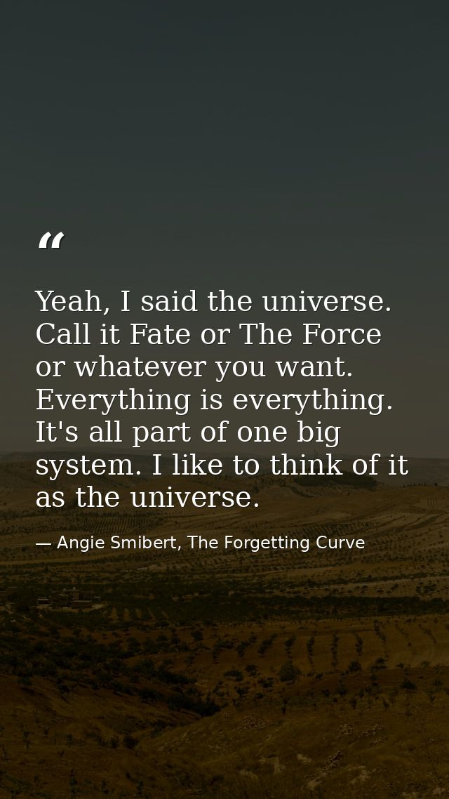Yeah, I said the universe. Call it Fate or The Force or whatever you want. Everything is everything. It's all part of on — Angie Smibert, The Forgetting Curve