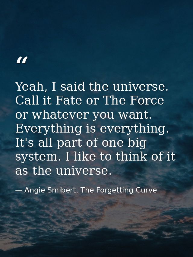 Yeah, I said the universe. Call it Fate or The Force or whatever you want. Everything is everything. It's all part of on — Angie Smibert, The Forgetting Curve