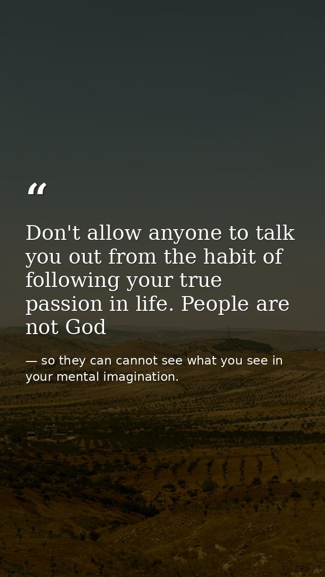 Don't allow anyone to talk you out from the habit of following your true passion in life. People are not God — so they can cannot see what you see in your mental imagination.