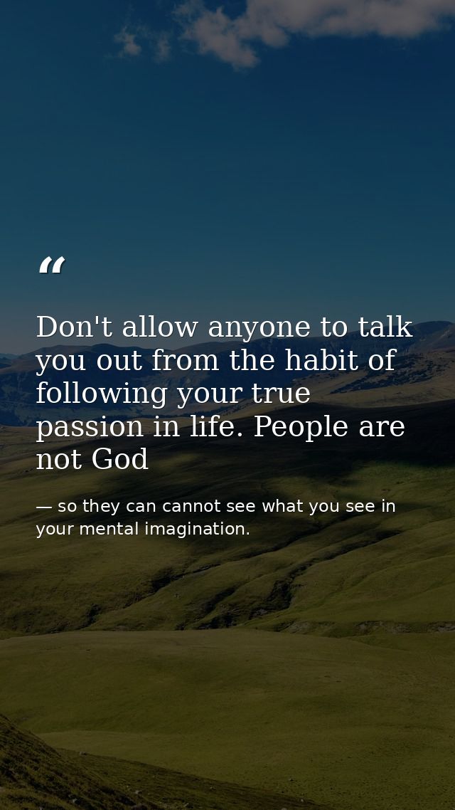 Don't allow anyone to talk you out from the habit of following your true passion in life. People are not God — so they can cannot see what you see in your mental imagination.