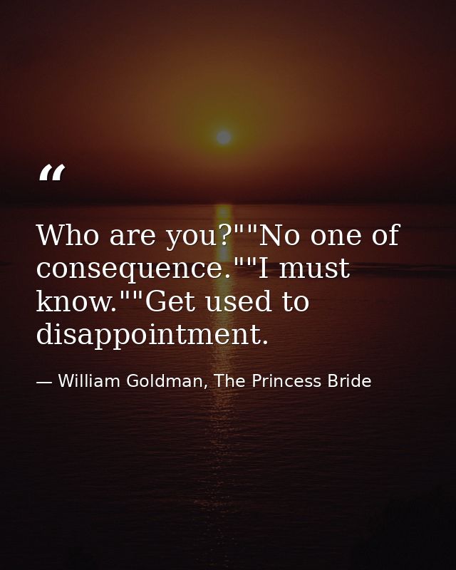 Who are you?""No one of consequence.""I must know.""Get used to disappointment. — William Goldman, The Princess Bride