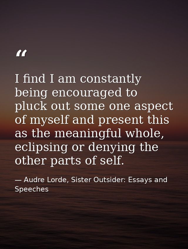 I find I am constantly being encouraged to pluck out some one aspect of myself and present this as the meaningful whole, — Audre Lorde, Sister Outsider: Essays and Speeches