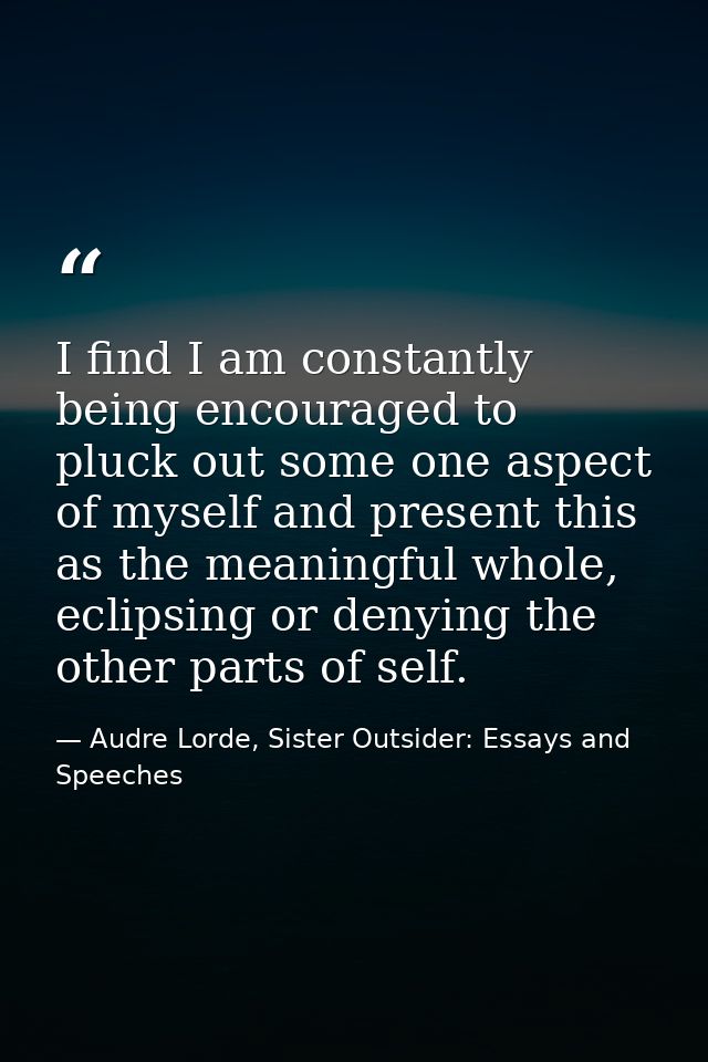I find I am constantly being encouraged to pluck out some one aspect of myself and present this as the meaningful whole, — Audre Lorde, Sister Outsider: Essays and Speeches