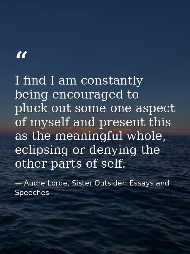 I find I am constantly being encouraged to pluck out some one aspect of myself and present this as the meaningful whole, — Audre Lorde, Sister Outsider: Essays and Speeches