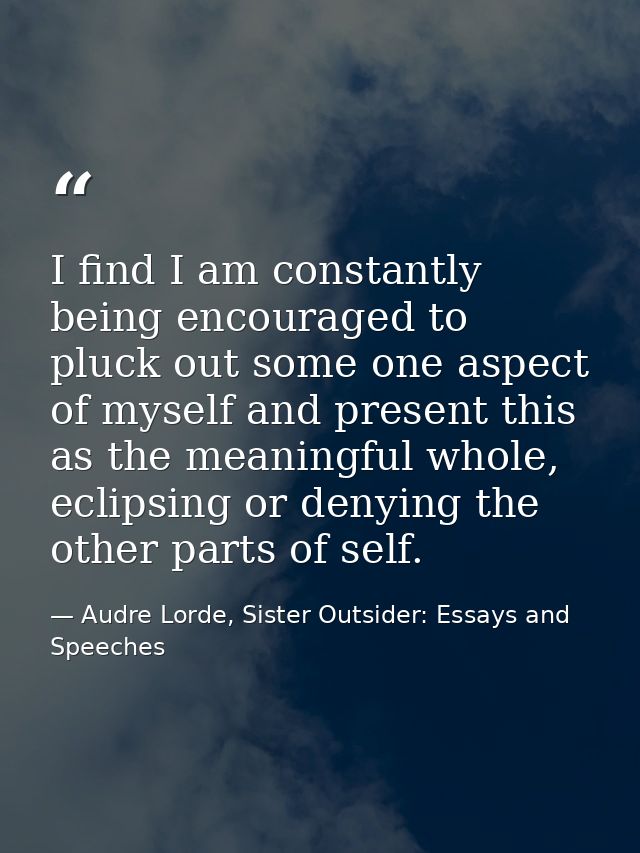 I find I am constantly being encouraged to pluck out some one aspect of myself and present this as the meaningful whole, — Audre Lorde, Sister Outsider: Essays and Speeches