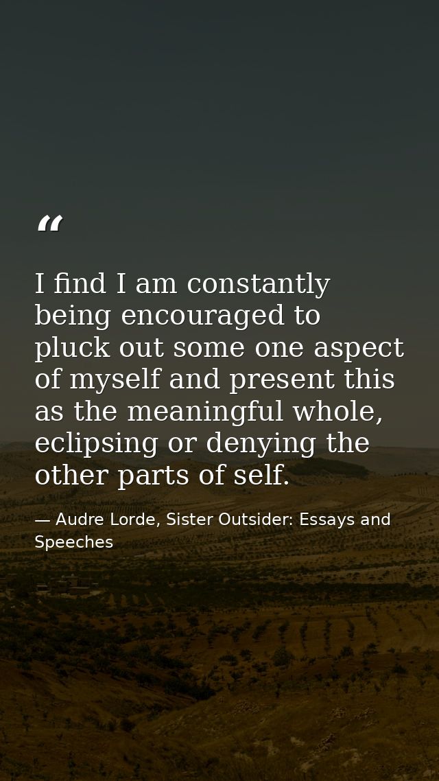 I find I am constantly being encouraged to pluck out some one aspect of myself and present this as the meaningful whole, — Audre Lorde, Sister Outsider: Essays and Speeches