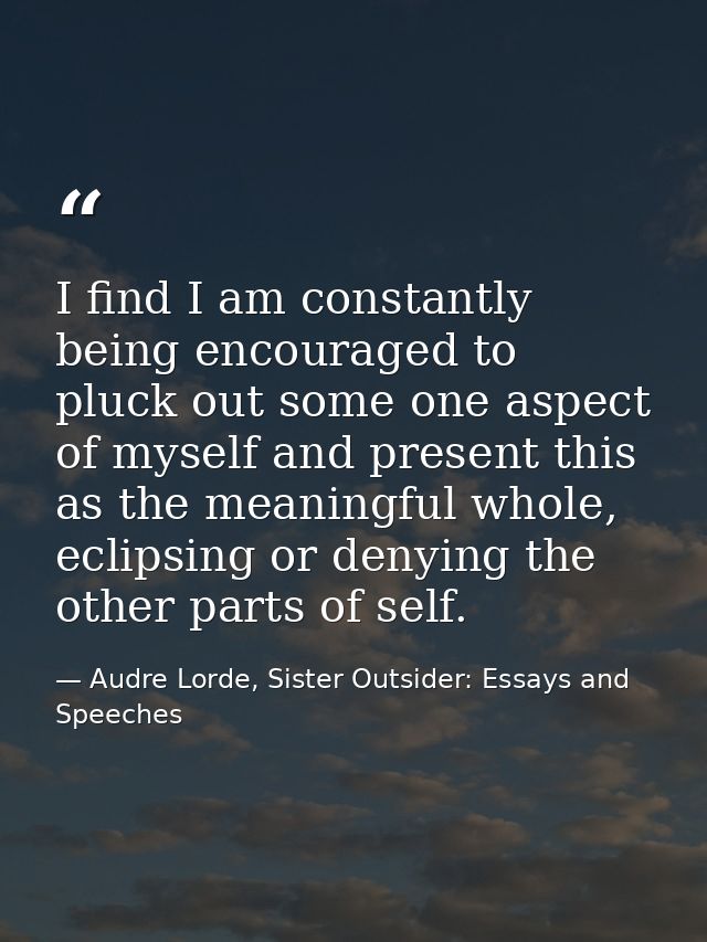 I find I am constantly being encouraged to pluck out some one aspect of myself and present this as the meaningful whole, — Audre Lorde, Sister Outsider: Essays and Speeches
