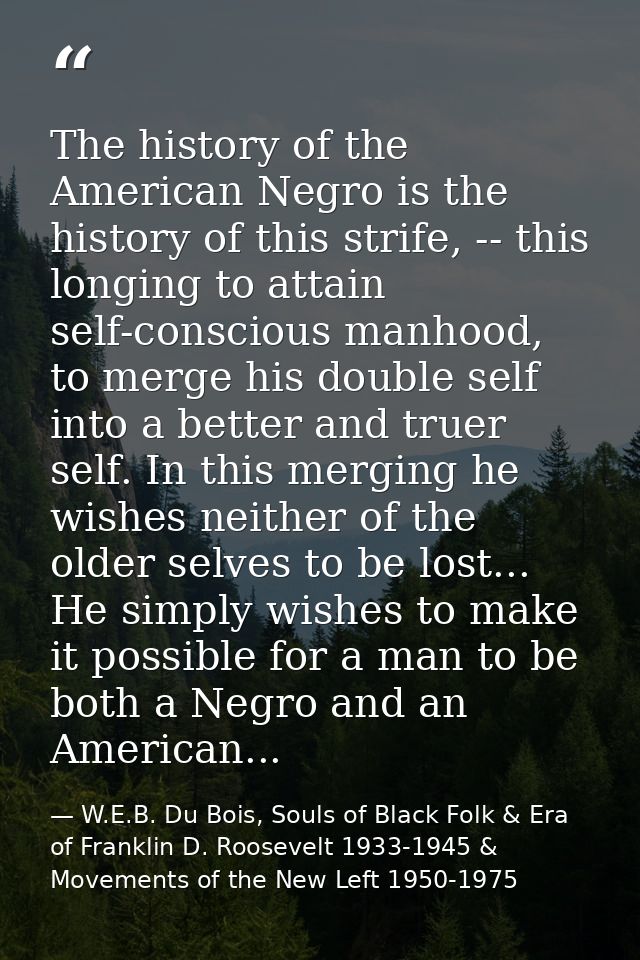 The history of the American Negro is the history of this strife, -- this longing to attain self-conscious manhood, to me — W.E.B. Du Bois, Souls of Black Folk & Era of Franklin D. Roosevelt 1933-1945 & Movements of the New Left 1950-1975
