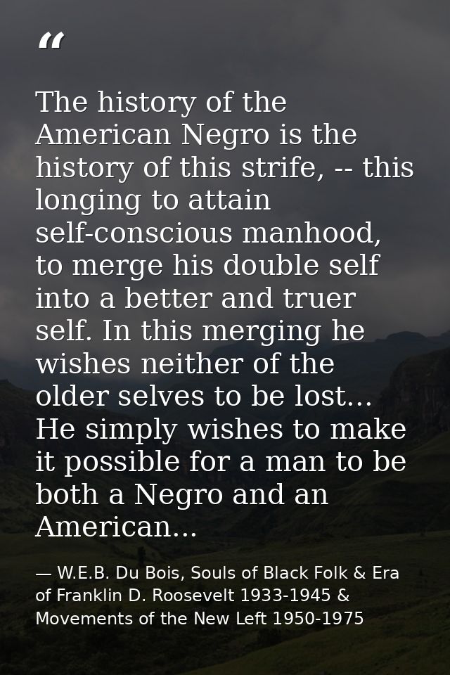 The history of the American Negro is the history of this strife, -- this longing to attain self-conscious manhood, to me — W.E.B. Du Bois, Souls of Black Folk & Era of Franklin D. Roosevelt 1933-1945 & Movements of the New Left 1950-1975
