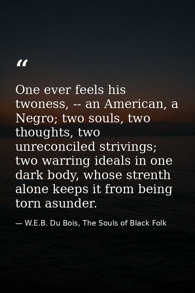 One ever feels his twoness, -- an American, a Negro; two souls, two thoughts, two unreconciled strivings; two warring id — W.E.B. Du Bois, The Souls of Black Folk