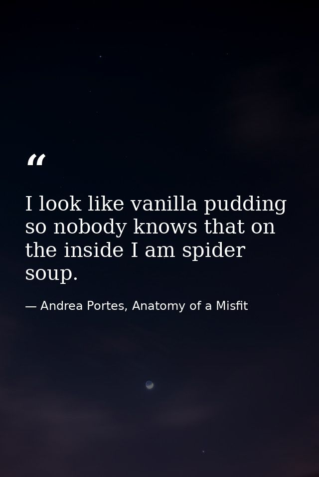 I look like vanilla pudding so nobody knows that on the inside I am spider soup. — Andrea Portes, Anatomy of a Misfit