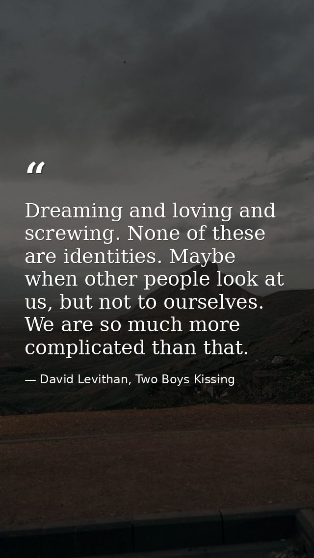Dreaming and loving and screwing. None of these are identities. Maybe when other people look at us, but not to ourselves — David Levithan, Two Boys Kissing
