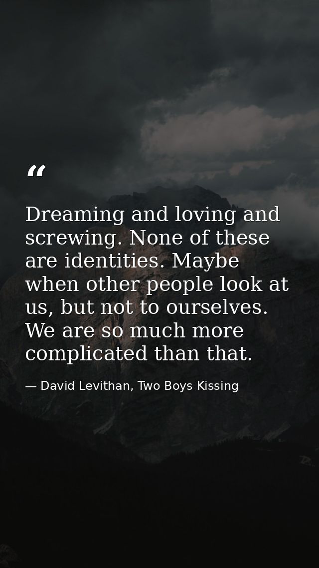 Dreaming and loving and screwing. None of these are identities. Maybe when other people look at us, but not to ourselves — David Levithan, Two Boys Kissing