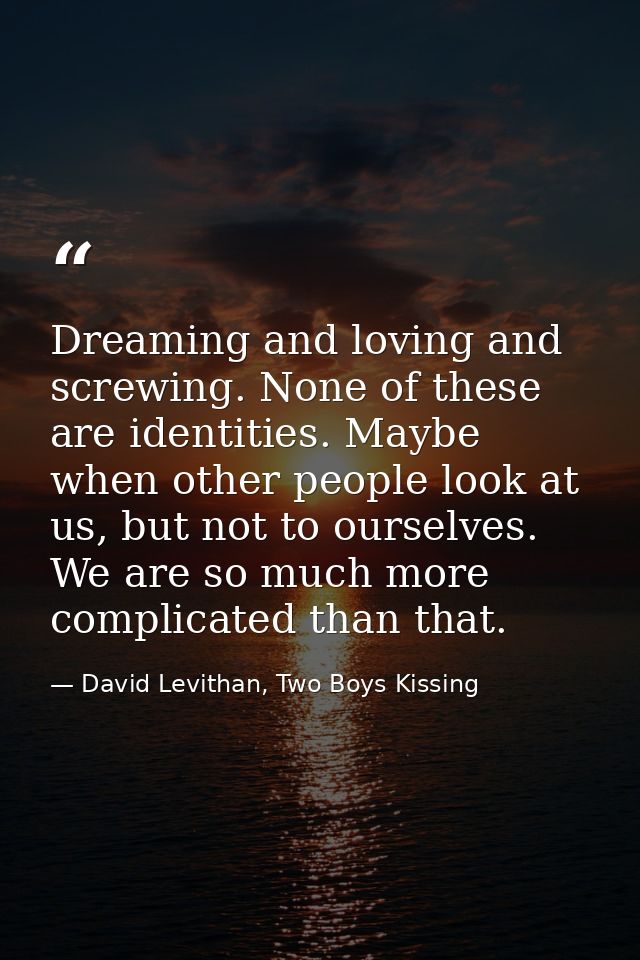 Dreaming and loving and screwing. None of these are identities. Maybe when other people look at us, but not to ourselves — David Levithan, Two Boys Kissing