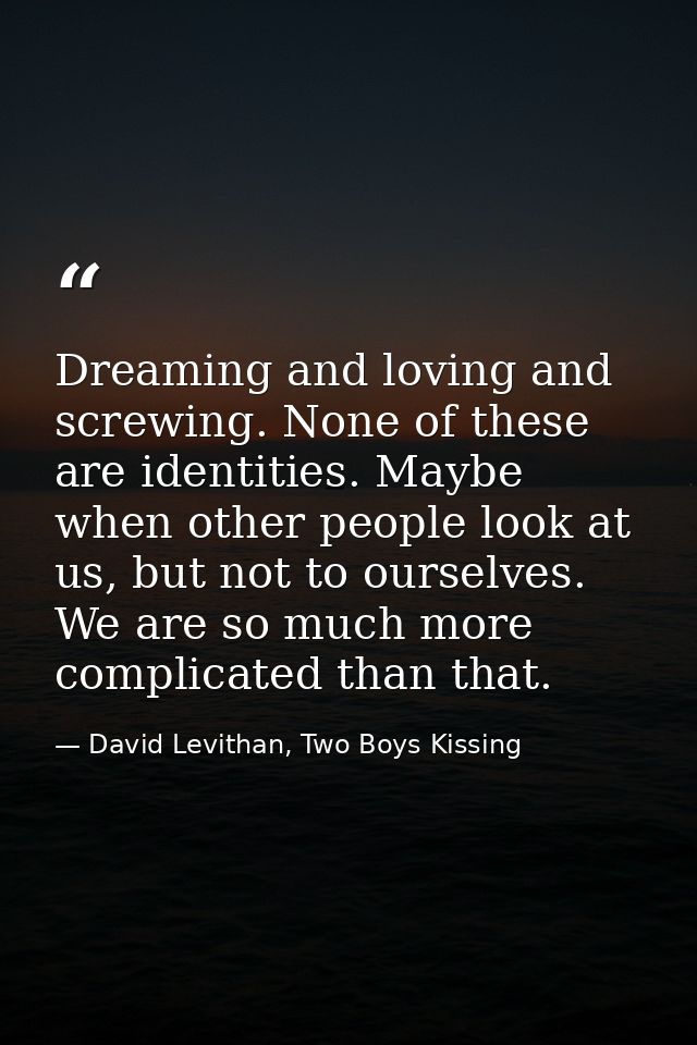 Dreaming and loving and screwing. None of these are identities. Maybe when other people look at us, but not to ourselves — David Levithan, Two Boys Kissing