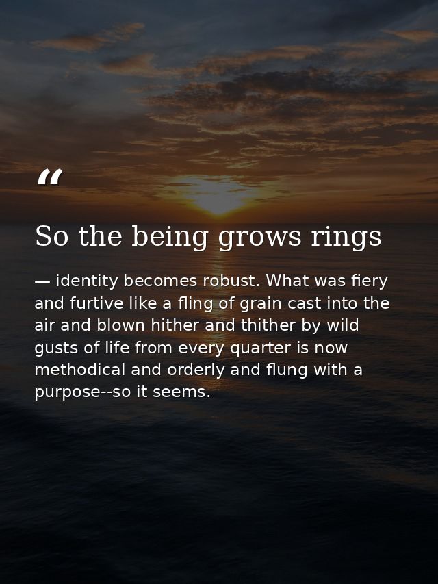 So the being grows rings — identity becomes robust. What was fiery and furtive like a fling of grain cast into the air and blown hither and thither by wild gusts of life from every quarter is now methodical and orderly and flung with a purpose--so it seems.