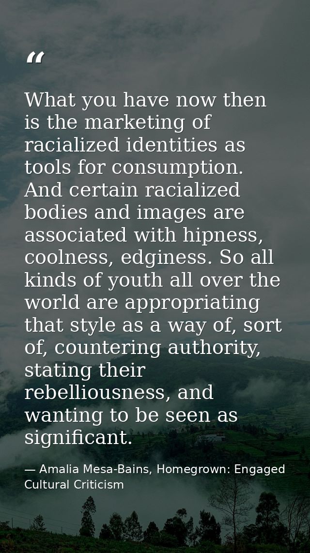 What you have now then is the marketing of racialized identities as tools for consumption. And certain racialized bodies — Amalia Mesa-Bains, Homegrown: Engaged Cultural Criticism