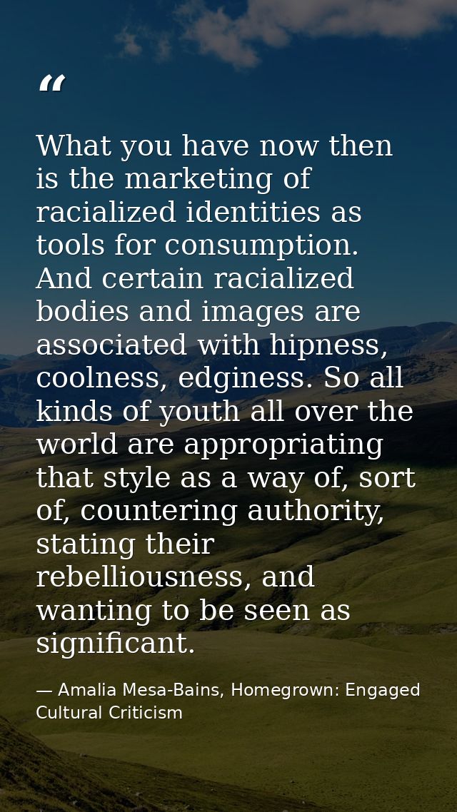 What you have now then is the marketing of racialized identities as tools for consumption. And certain racialized bodies — Amalia Mesa-Bains, Homegrown: Engaged Cultural Criticism