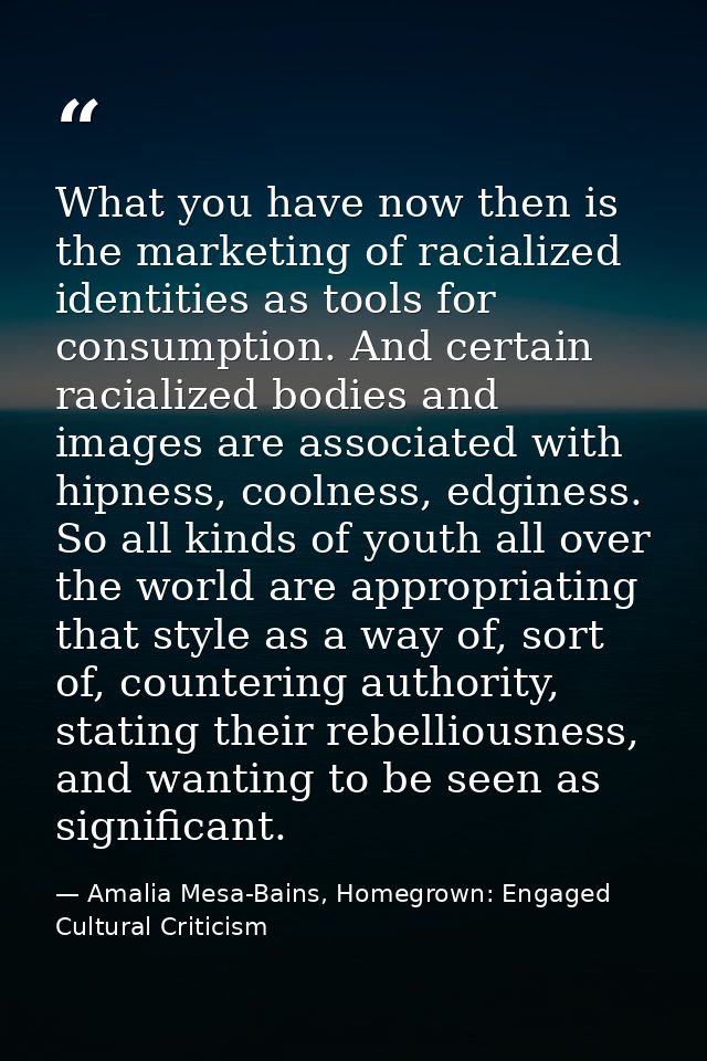 What you have now then is the marketing of racialized identities as tools for consumption. And certain racialized bodies — Amalia Mesa-Bains, Homegrown: Engaged Cultural Criticism