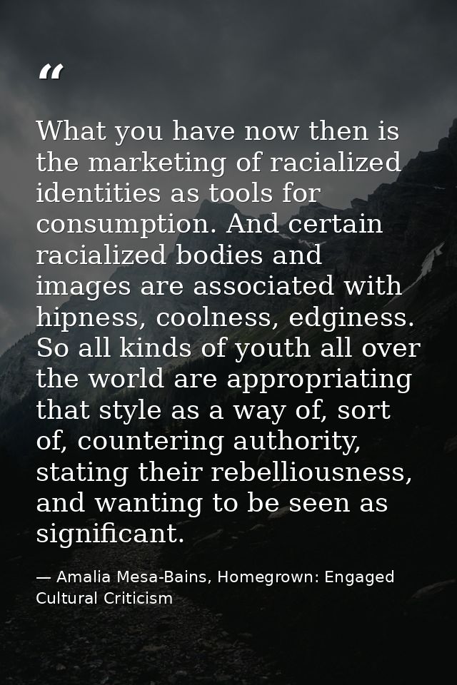 What you have now then is the marketing of racialized identities as tools for consumption. And certain racialized bodies — Amalia Mesa-Bains, Homegrown: Engaged Cultural Criticism