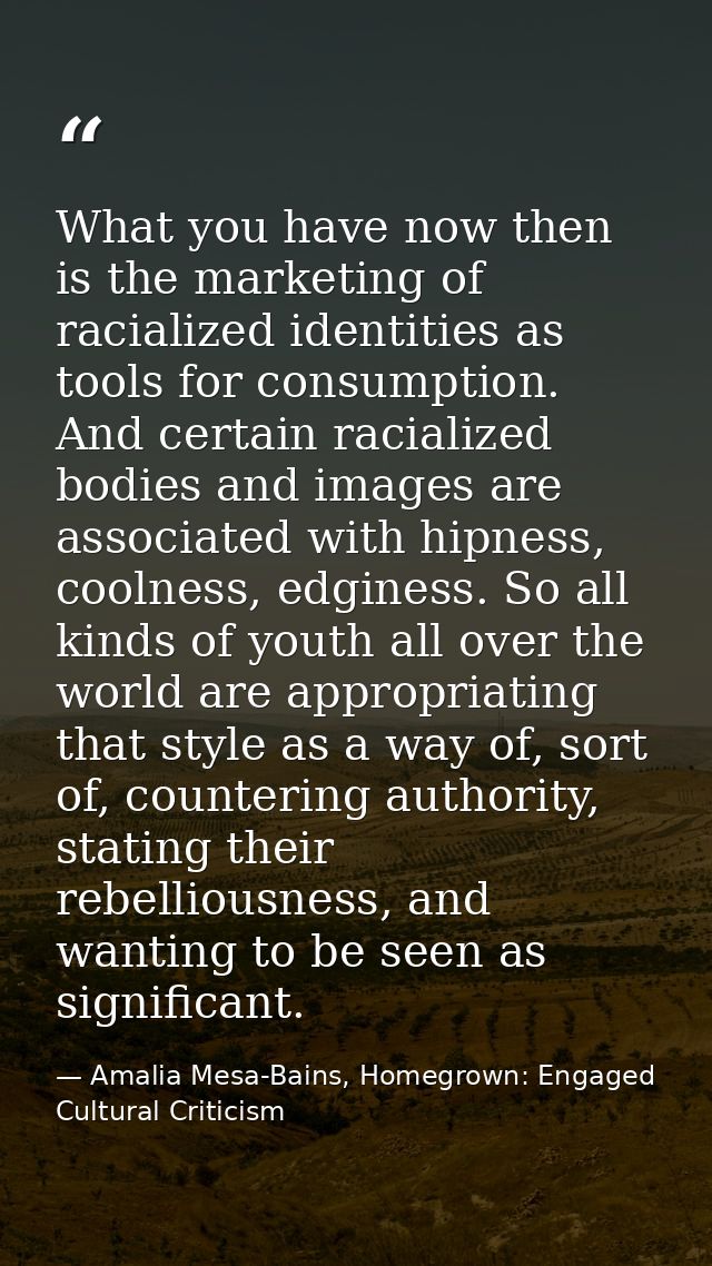 What you have now then is the marketing of racialized identities as tools for consumption. And certain racialized bodies — Amalia Mesa-Bains, Homegrown: Engaged Cultural Criticism
