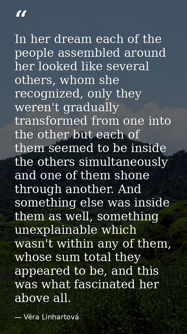 In her dream each of the people assembled around her looked like several others, whom she recognized, only they weren't  — Věra Linhartová