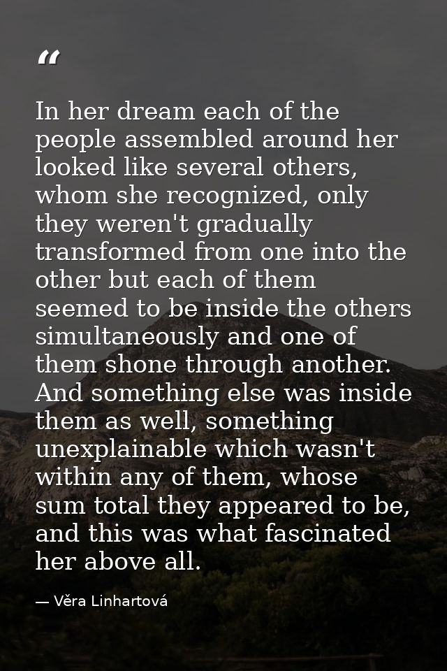 In her dream each of the people assembled around her looked like several others, whom she recognized, only they weren't  — Věra Linhartová