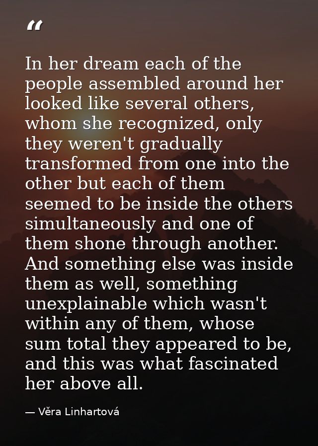 In her dream each of the people assembled around her looked like several others, whom she recognized, only they weren't  — Věra Linhartová