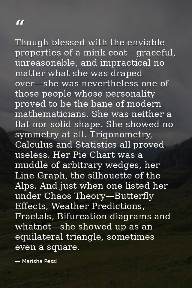 Though blessed with the enviable properties of a mink coat—graceful, unreasonable, and impractical no matter what she wa — Marisha Pessl