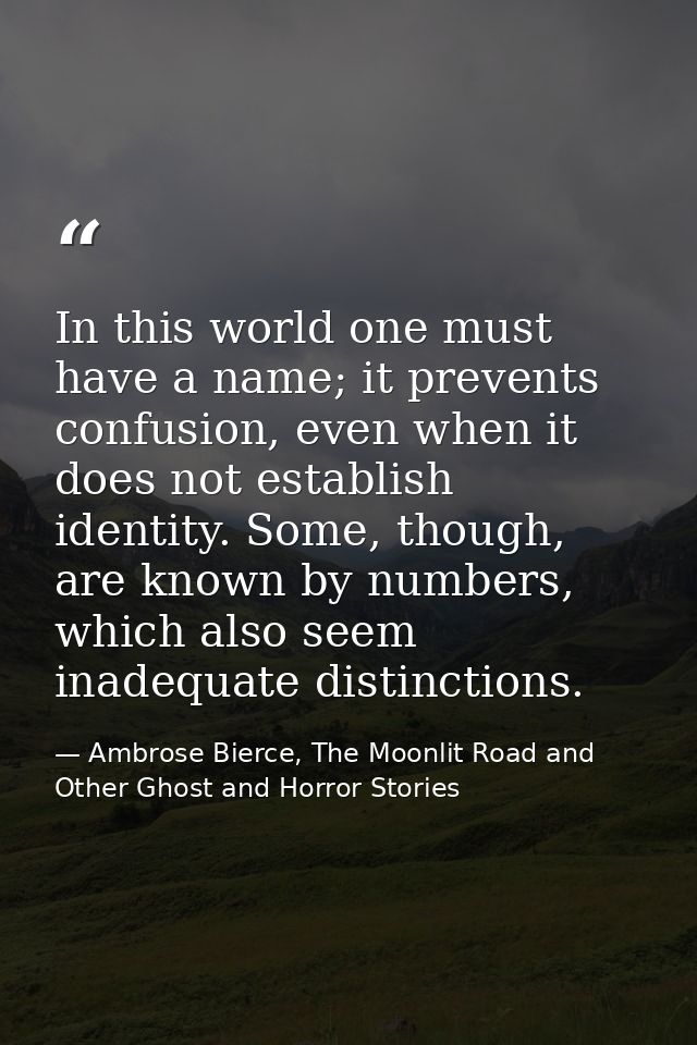 In this world one must have a name; it prevents confusion, even when it does not establish identity. Some, though, are k — Ambrose Bierce, The Moonlit Road and Other Ghost and Horror Stories