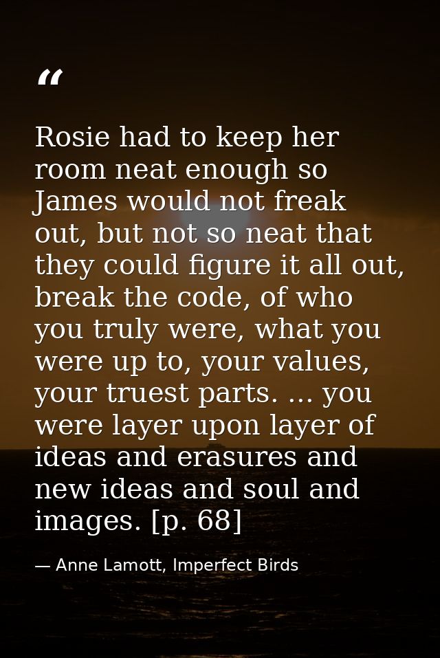 Rosie had to keep her room neat enough so James would not freak out, but not so neat that they could figure it all out,  — Anne Lamott, Imperfect Birds