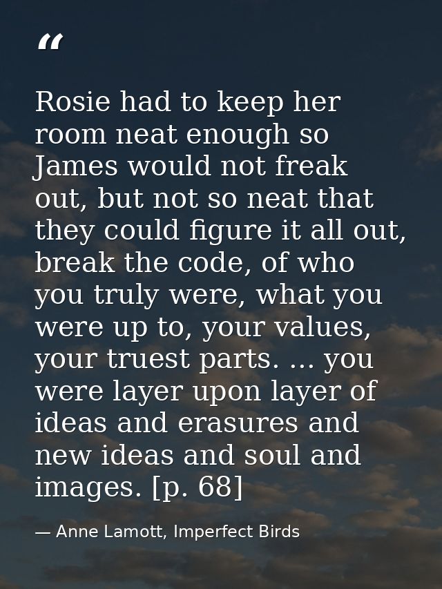 Rosie had to keep her room neat enough so James would not freak out, but not so neat that they could figure it all out,  — Anne Lamott, Imperfect Birds