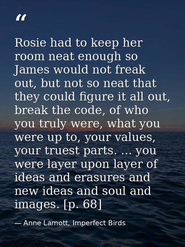 Rosie had to keep her room neat enough so James would not freak out, but not so neat that they could figure it all out,  — Anne Lamott, Imperfect Birds