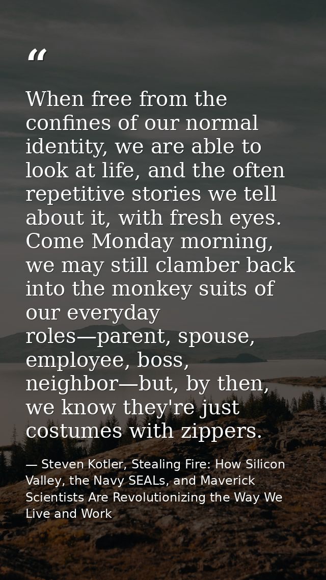 When free from the confines of our normal identity, we are able to look at life, and the often repetitive stories we tel — Steven Kotler, Stealing Fire: How Silicon Valley, the Navy SEALs, and Maverick Scientists Are Revolutionizing the Way We Live and Work