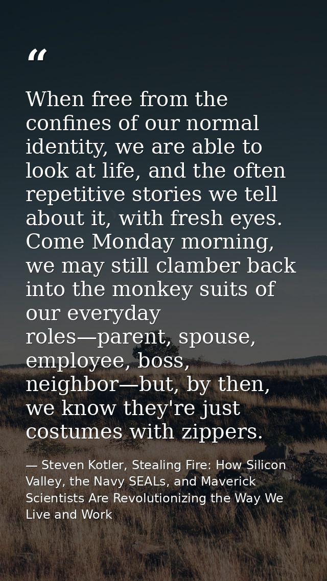 When free from the confines of our normal identity, we are able to look at life, and the often repetitive stories we tel — Steven Kotler, Stealing Fire: How Silicon Valley, the Navy SEALs, and Maverick Scientists Are Revolutionizing the Way We Live and Work