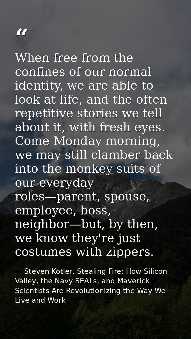 When free from the confines of our normal identity, we are able to look at life, and the often repetitive stories we tel — Steven Kotler, Stealing Fire: How Silicon Valley, the Navy SEALs, and Maverick Scientists Are Revolutionizing the Way We Live and Work