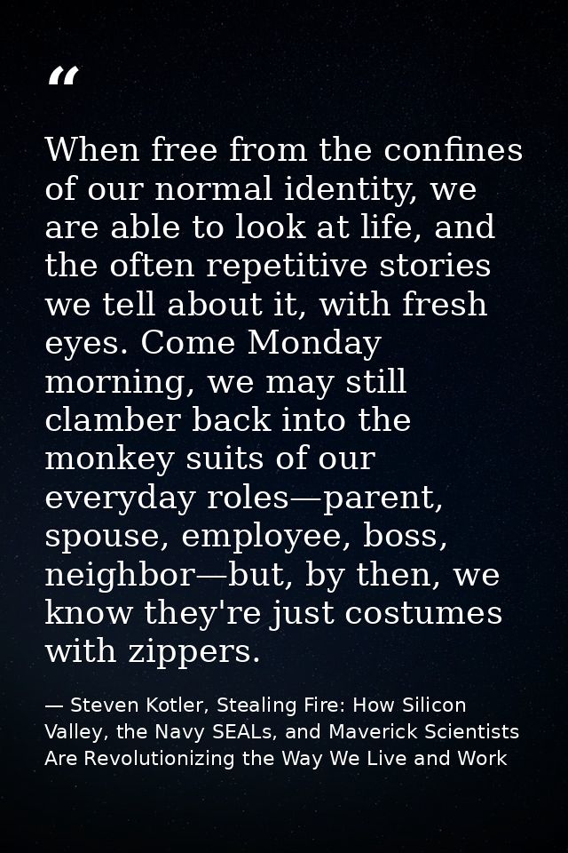 When free from the confines of our normal identity, we are able to look at life, and the often repetitive stories we tel — Steven Kotler, Stealing Fire: How Silicon Valley, the Navy SEALs, and Maverick Scientists Are Revolutionizing the Way We Live and Work