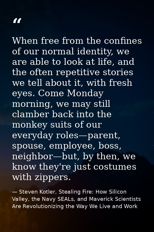 When free from the confines of our normal identity, we are able to look at life, and the often repetitive stories we tel — Steven Kotler, Stealing Fire: How Silicon Valley, the Navy SEALs, and Maverick Scientists Are Revolutionizing the Way We Live and Work