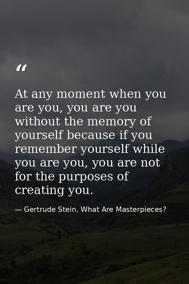 At any moment when you are you, you are you without the memory of yourself because if you remember yourself while you ar — Gertrude Stein, What Are Masterpieces?