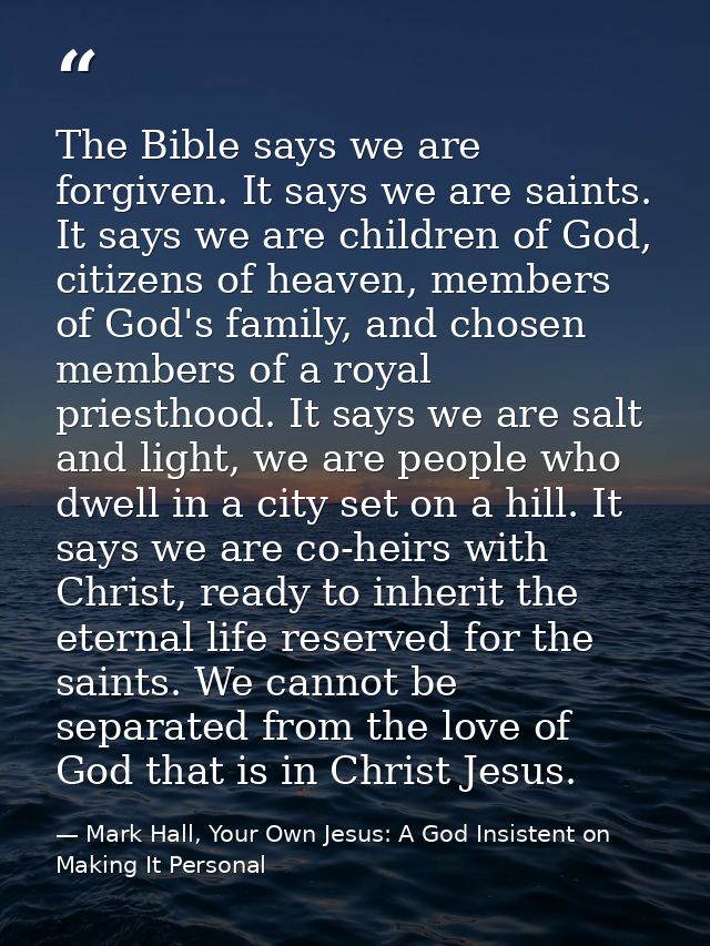The Bible says we are forgiven. It says we are saints. It says we are children of God, citizens of heaven, members of Go — Mark Hall, Your Own Jesus: A God Insistent on Making It Personal