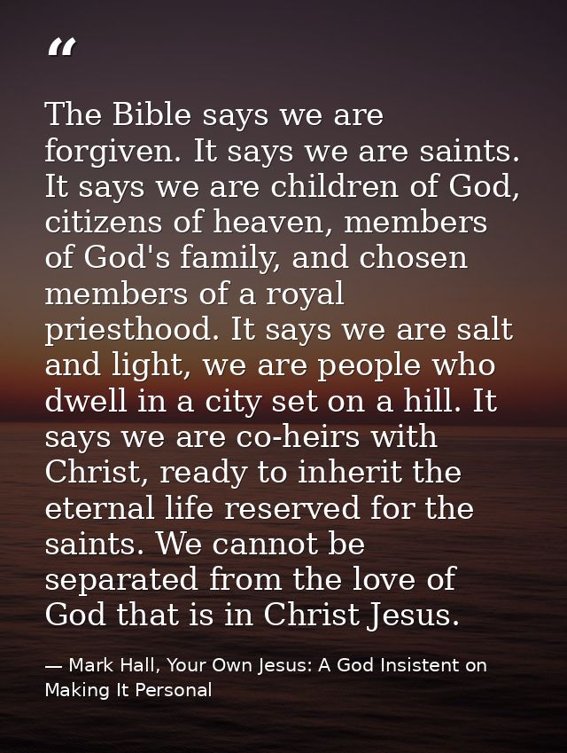 The Bible says we are forgiven. It says we are saints. It says we are children of God, citizens of heaven, members of Go — Mark Hall, Your Own Jesus: A God Insistent on Making It Personal