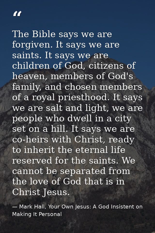 The Bible says we are forgiven. It says we are saints. It says we are children of God, citizens of heaven, members of Go — Mark Hall, Your Own Jesus: A God Insistent on Making It Personal