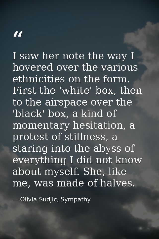 I saw her note the way I hovered over the various ethnicities on the form. First the 'white' box, then to the airspace o — Olivia Sudjic, Sympathy