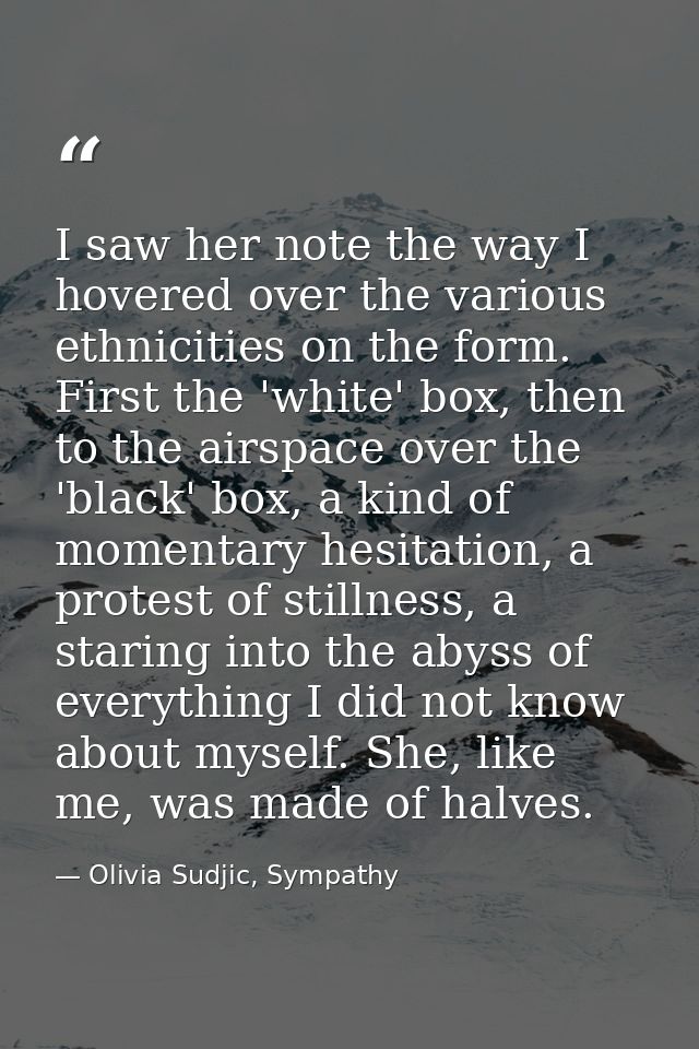 I saw her note the way I hovered over the various ethnicities on the form. First the 'white' box, then to the airspace o — Olivia Sudjic, Sympathy